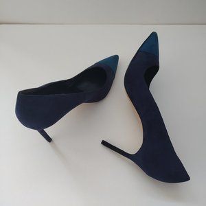 Manolo Blahnik BB Pumps Suede Heels Navy Blue Pointed Toe Shoes 41.5